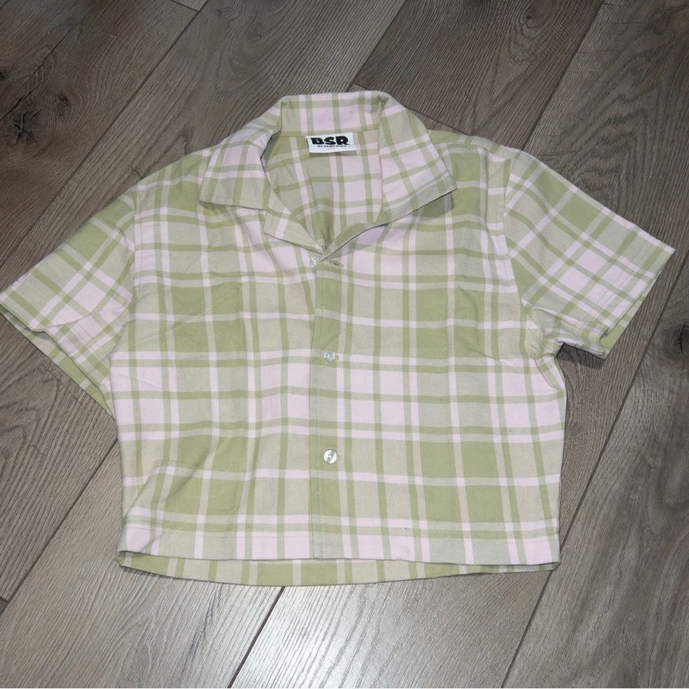 NIP BSR x By Samii Ryan Green Pink Plaid Button Down Cropped Shirt Size Small